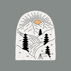 Camping near the river and mountain in mono line vector for outdoor design