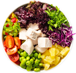 Healthy food eating poke bowls top down view cut out, transparent background