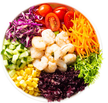 Healthy food eating poke bowls top down view cut out, transparent background