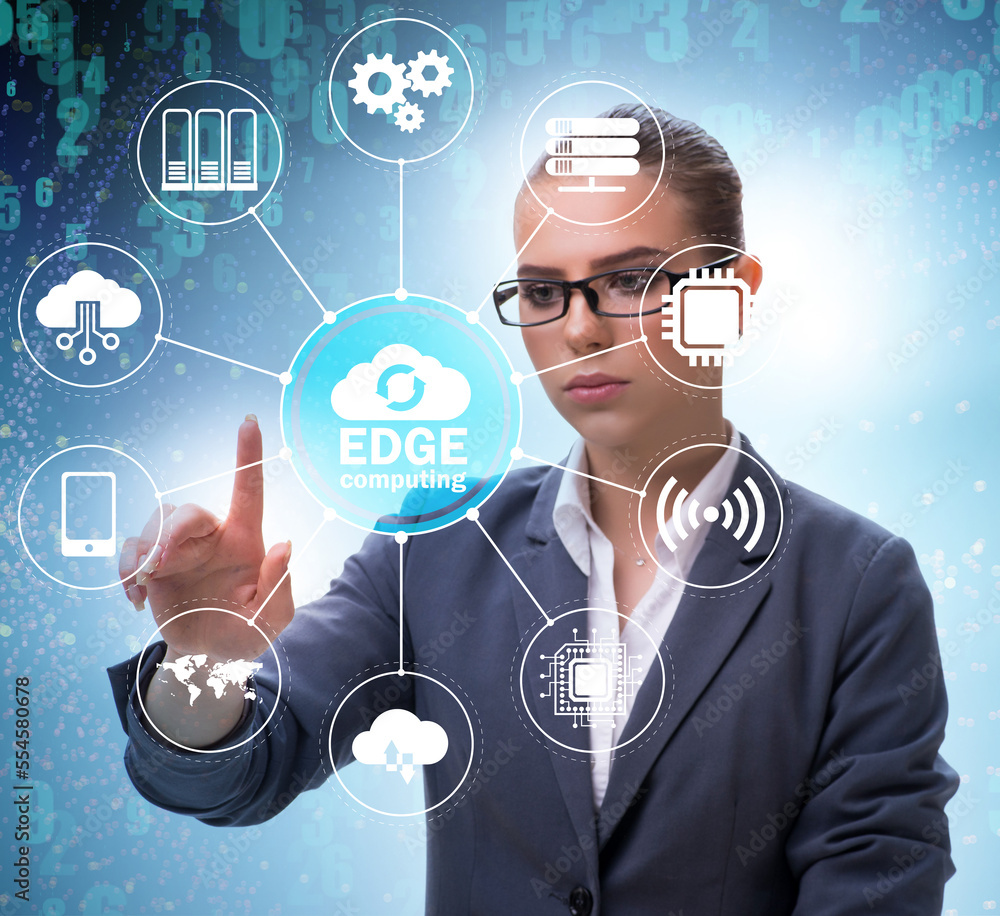 Poster businessman in edge and fog computing concept