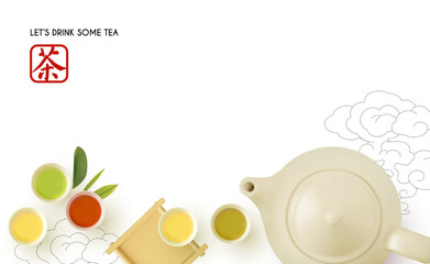 3D teapot and tea cups with tray on white background. Top view. Chinese tea ceremony.