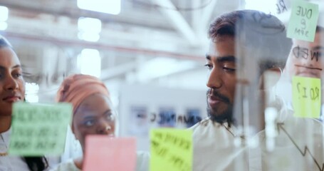 Talking businessman, glass wall or sticky notes presentation in marketing innovation, advertising strategy or branding calendar. Mentor, speaker or training schedule, creative men or workshop women