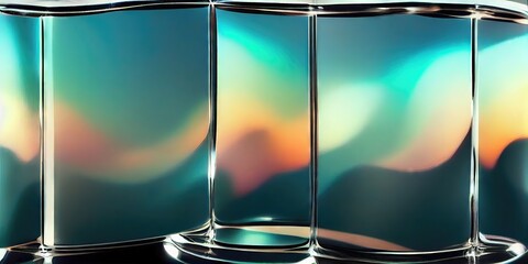 Neat and elegant design elements of abstract, exquisite and clear images of reflections and refractions of glass like upright iridescent panels produced by Ai