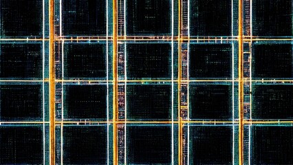 Grid-like digital circuitry, teal-and-orange futuristic abstract CPU circuitry global network atmosphere Sci-fi chic cyberpunk graphic elements generated by Ai