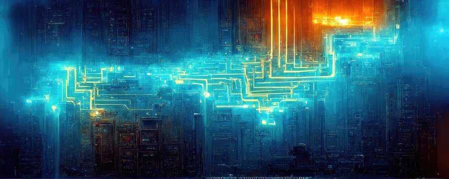 Circuitry issued in blue tones, orange glow, lattice rays, CPU circuitry, abstract, Sci-fi style, cyberpunk advanced cutting edge technology design elements, generated by Ai