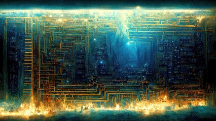 Images of CPU and motherboard electronics, like a global network, generated by concept art Ai