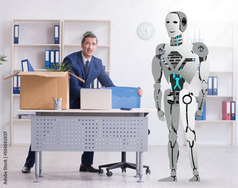 Poster concept of robots replacing humans in offices