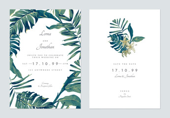 Floral wedding invitation card template design, tropical plants on white - 554583013