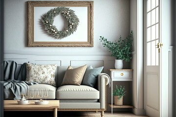 living interior with sofa, 3D Mockup frame in farmhouse living room interior decorated for Chistmas