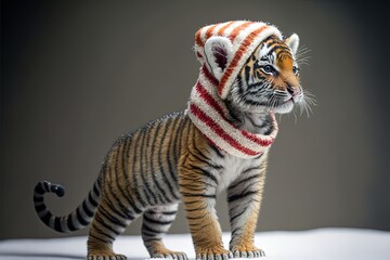 adorable cute baby tiger cub wearing Christmas hat and scarf, full body, side view, standing in the snow