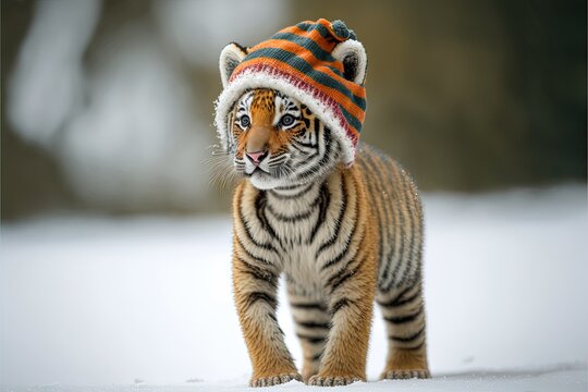 adorable cute baby tiger cub wearing Christmas hat and scarf, full body,  side view, standing in the snow Stock Illustration | Adobe Stock
