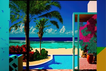 Exotic island vacation villa with view over ocean and beach - luxurious summer holiday destination getaway.