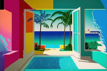 Exotic island vacation villa with view over ocean and beach - luxurious summer holiday destination getaway.