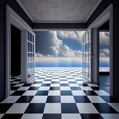 Foto op Aluminium Generative AI: fantasy room with checket floor and landscape © justdd