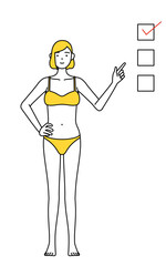 チェックリストを指さす下着姿の女性、脱毛やエステサロンのイメージ