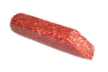 Top view of smoked pork salami chorizo sausages isolated on white background with clipping path. Raw smoked salami sausage isolated over white