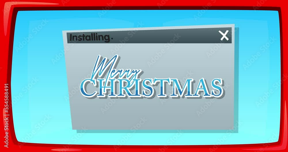 Poster Abstract cartoon screen with the Merry Christmas text in an install window. Computer Software. Video message of a screen displaying an installation window.