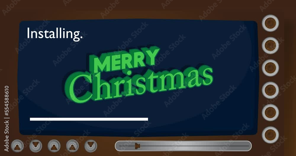 Poster cartoon computer with the word merry christmas. video message of a screen displaying an installation