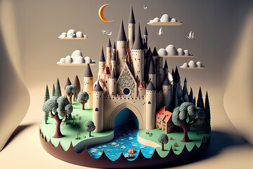 Generative AI : A fantasy fairytale castle made of paper and stickers