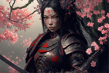 AI Generated Samurai in Bloom: Japanese Art Illustration

This stunning illustration was generated by artificial intelligence and features a samurai woman standing behind a sakura tree in full bloom.  - obrazy, fototapety, plakaty