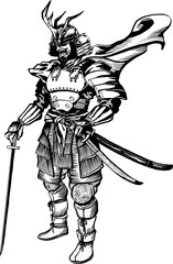 Obraz premium Samurai warrior with swords and clothes tattoos idea design black and white