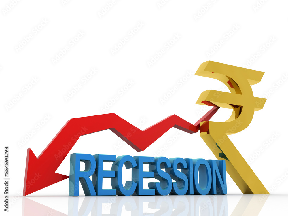 Poster 3d rendering deflation arrow with symbol of rupee