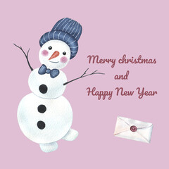 christmas card with snowman and letter 
