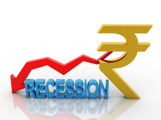 3D rendering deflation arrow with symbol of rupee