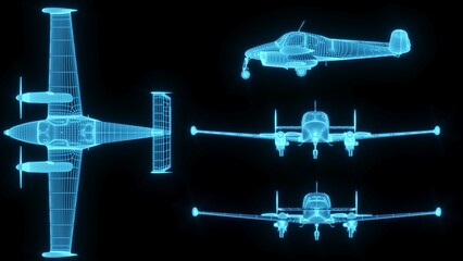 3D rendering illustration aeroplane blueprint glowing neon hologram futuristic show technology security for premium product business finance  transportation