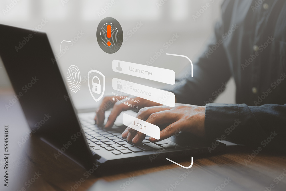 Poster Man typing login and password, cyber security concept, Secure encryption and access to the user's private information to access the Internet. Exclamation mark.