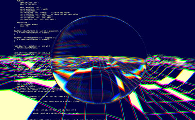 Cyberspace landscape grid. Old TV screen error.  Photo glitch. The TV signal is not working. Technical problems grunge wallpaper. Data decomposition. 3D illustration.