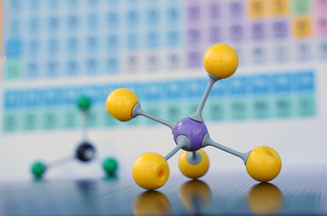 Simulate Shape of covalent molecules on a periodic table background. Soft and selective focus. 