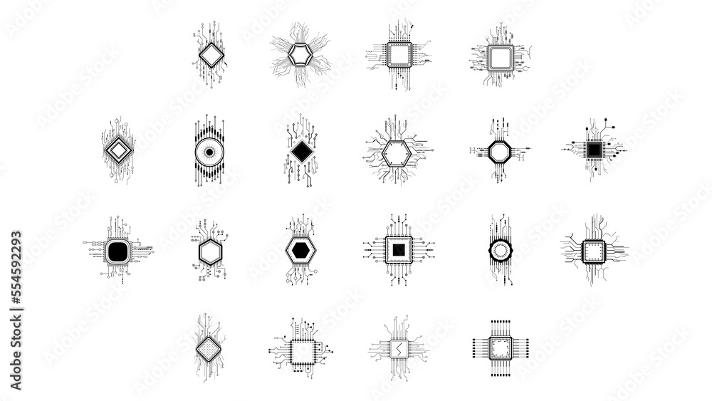 Poster set abstract collection black simple line cpu, computer, technology doodle outline element vector de