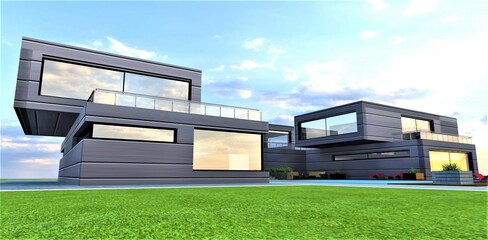 Expensive house built according the latest construction technologies in a world. Amazing green lawn in an clean ecological region. 3d rendering.