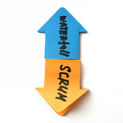 scrum vs waterfall arrows on white background, software scrum agile board with paper task, concept