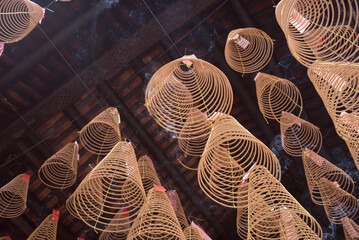 Incense coils hanging from ceiling of Thien Hau Temple in Saigon, Vietnam　ベトナム・ホーチミン　チョロン（中華街）の道教寺院「天后宮」の渦巻き線香