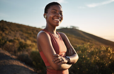 Black woman runner, happy portrait and music earphones in nature, wellness or happiness on hill. Outdoor exercise, streaming or smartwatch for girl on training, running or wellness adventure in peace
