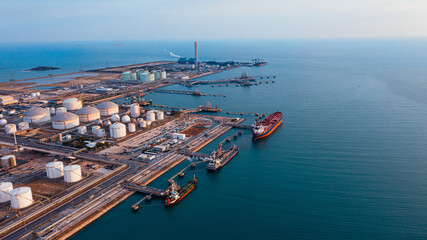 Aerial Top View oil tanker loading dock of business logistic sea going ship, Oil tanker lpg ngv at...