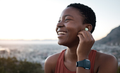 Black woman, laughing face or fitness earphones in sunset workout, healthcare training or...