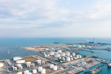 Aerial Top View oil tanker loading dock of business logistic sea going ship, Oil tanker lpg ngv at...