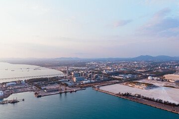 Aerial top view of Tank oil refinery plant and petrochemical plant with tower column of Petrochemistry industry in site construction and petrochemical plant