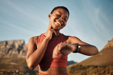 Heart rate, smartwatch and mountain with black woman running for fitness tracker, cardio and monitor goals. Time, sports and workout tracker with girl runner checking wearable technology for progress