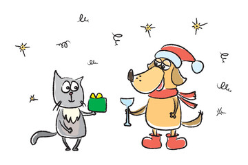 Happy animals celebrate new year or christmas. Adorable dog with glass, cat gives gift to friend. Funny pets at holiday party. Boxing day, xmas celebration. Hand drawn design.