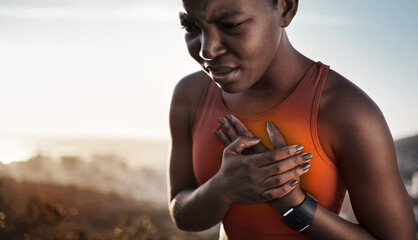 Heart pain, fitness and black woman with an injury from cardio, running and nature workout in...
