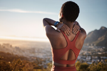 Black woman, stretching and fitness on mountain for relax training, cardio workout or runner...