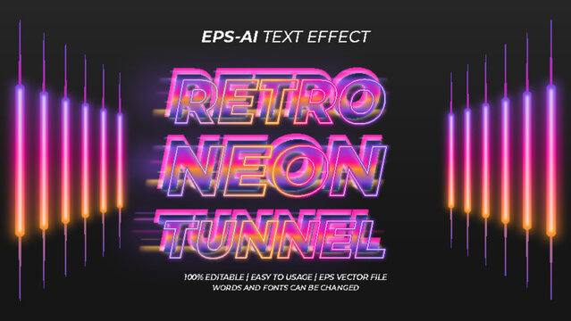 Retro neon tunnel text effect with colorful light