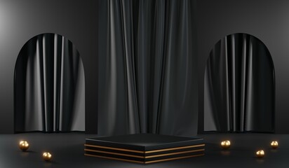 3D rendering of blank product background for cream cosmetics Modern black podium background