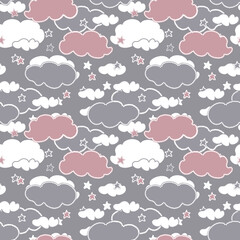Cute seamless pattern with clouds. Cartoon pink and white clouds and stars on gray background. Sweet Template for design, textile, wallpaper, wrapping, cover..