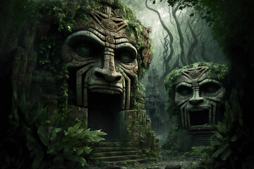 Mayan ruins, face temples in the jungle.