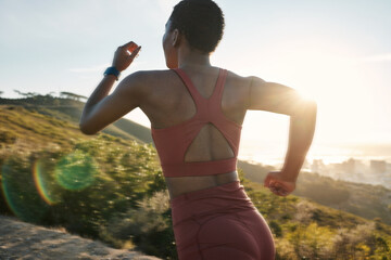 Fitness, running and energy with black woman in nature for sprinting, stamina and workout....